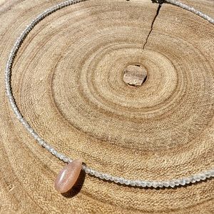 Moonstone Peach Sunstone Crystal Bead Pendant Necklace Silver Stainless Steel